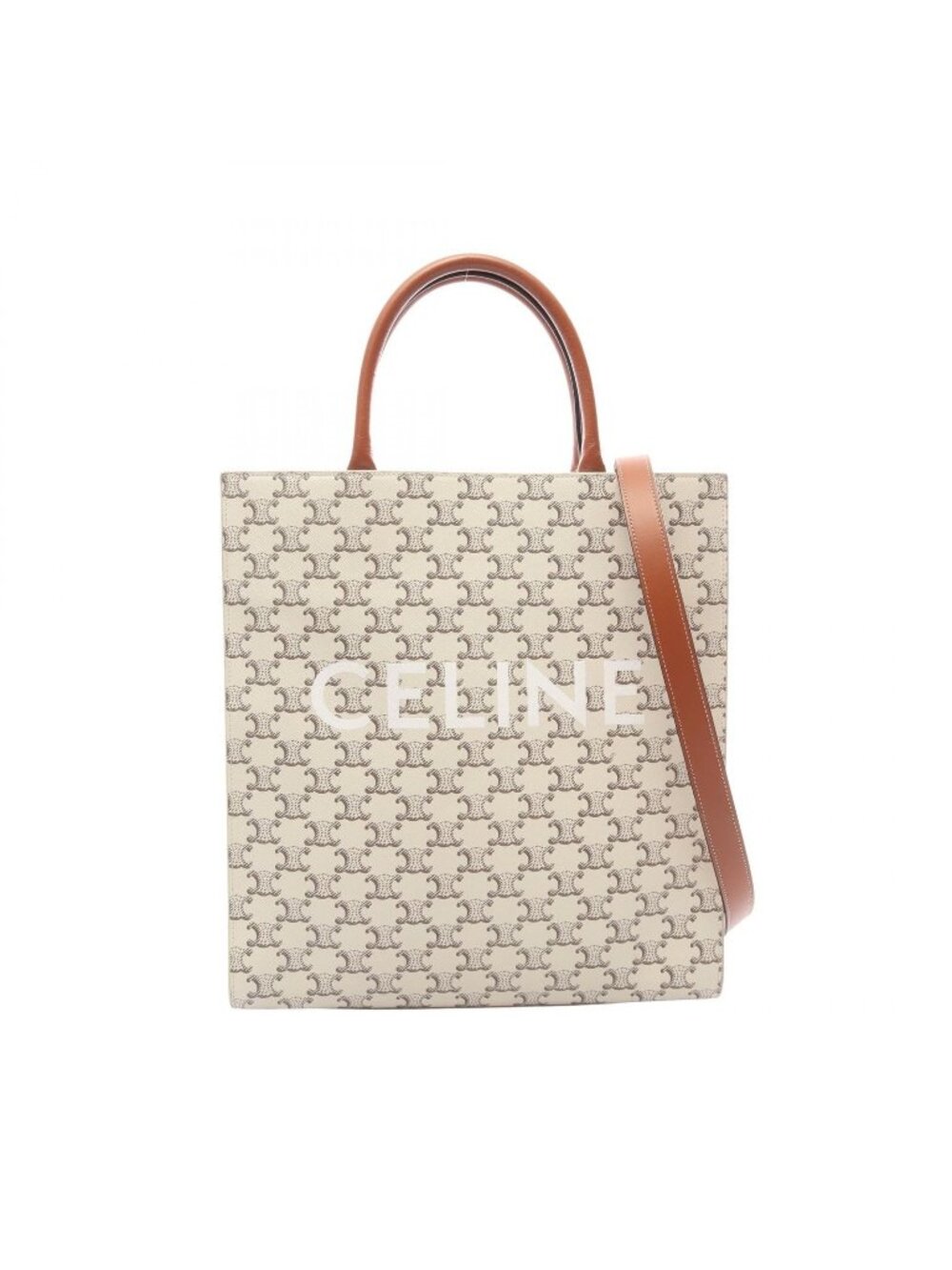 Celine Tote Bag Medium Vertical Cabas Triomphe 2-Way White Brown Leather